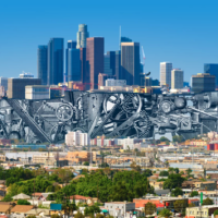 graphic with L.A skyline, machinery and neighborhood