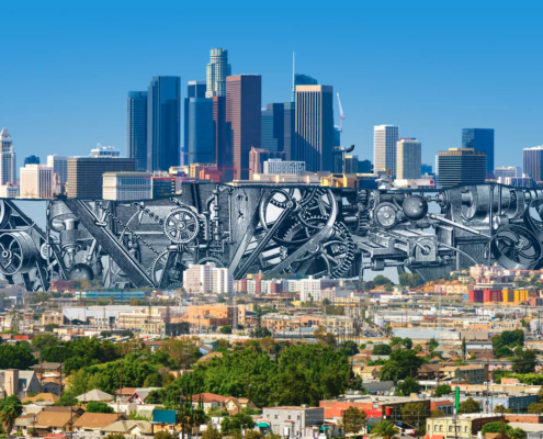 graphic with L.A skyline, machinery and neighborhood
