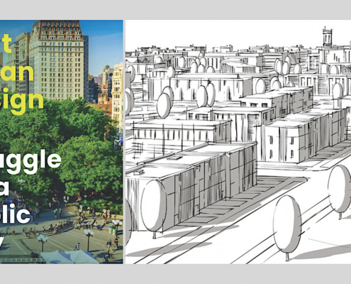 Book cover next to illustration of city neighborhood