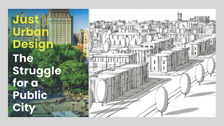 Book cover next to illustration of city neighborhood