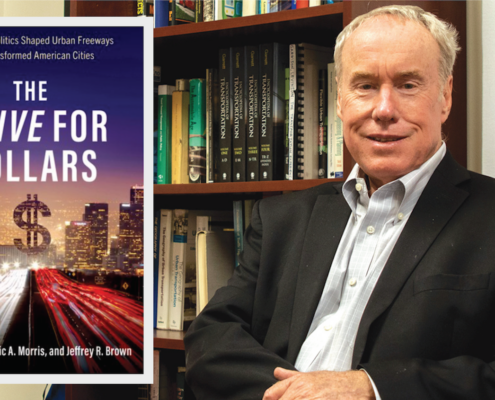 Man seated with book cover in inset