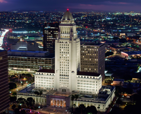 Aerial establishing shot of Downtown Los Angeles, California at sunrise.
