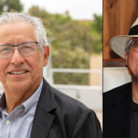 side by side portraits of man with white hair and glasses in which he wears a fedora in one shot