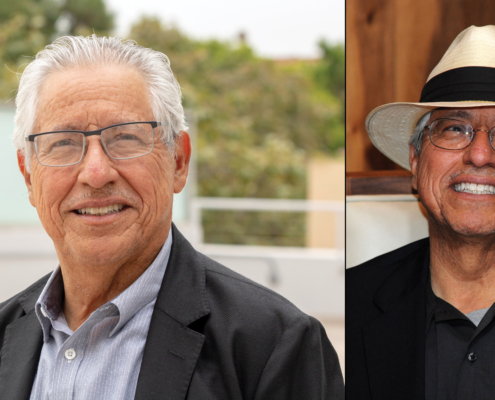 side by side portraits of man with white hair and glasses in which he wears a fedora in one shot