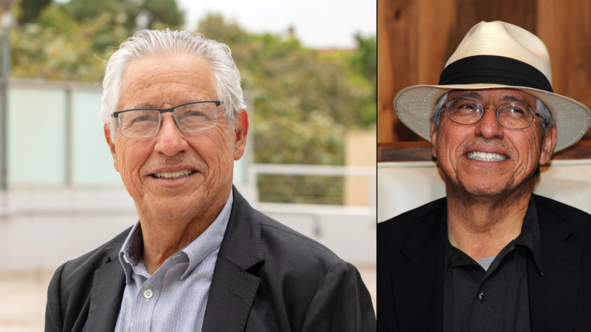 side by side portraits of man with white hair and glasses in which he wears a fedora in one shot