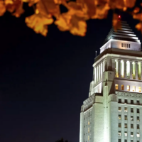 Top of L.A. City Hall at night