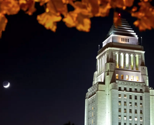 Top of L.A. City Hall at night
