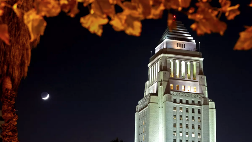 Top of L.A. City Hall at night