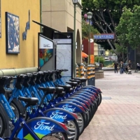 line of blue bicycles for rent