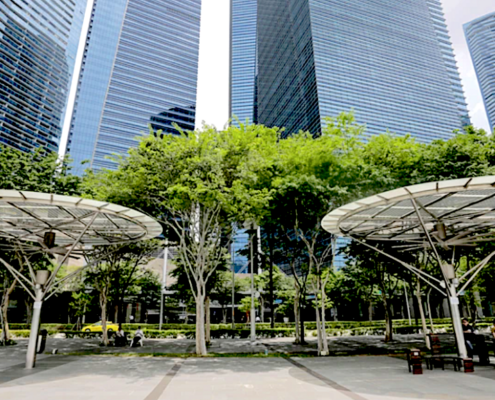 Shade structures in front of office buildings