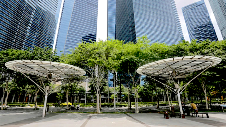Shade structures in front of office buildings