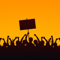 Silhouette group of people Raised Fist and Protest Signs in yellow evening sky background
