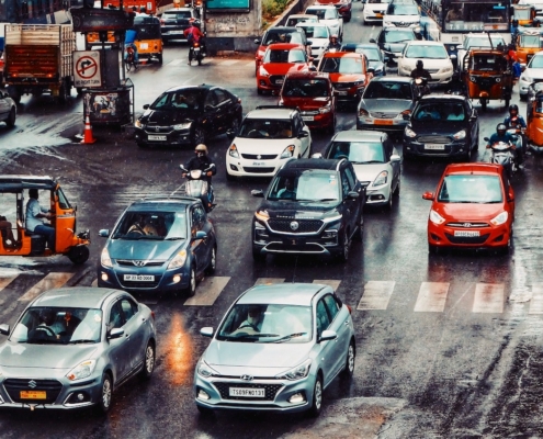 crush of cars on city street