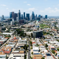 downtown Los Angeles skyline with residential neighborhoods in foreground