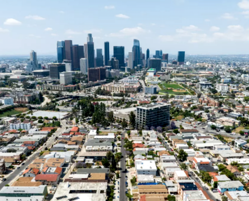 downtown Los Angeles skyline with residential neighborhoods in foreground
