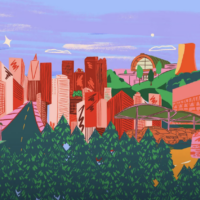 illustration showing color cityscape with trees in foreground