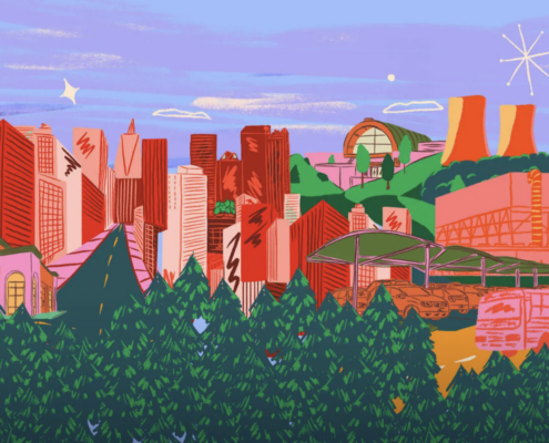 illustration showing color cityscape with trees in foreground