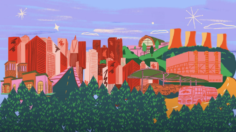 illustration showing color cityscape with trees in foreground