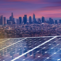 L.A. skyline with solar grid in foreground