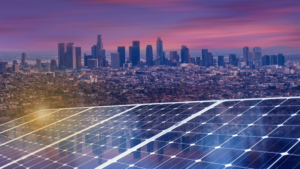 L.A. skyline with solar grid in foreground