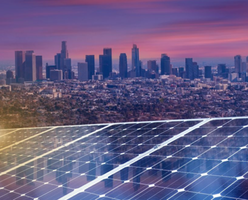 L.A. skyline with solar grid in foreground