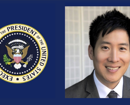 white house seal and photo of man