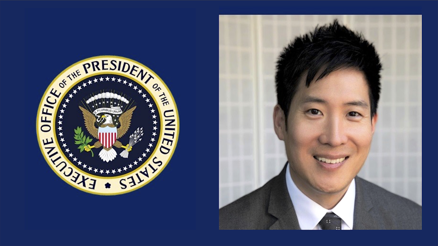 white house seal and photo of man