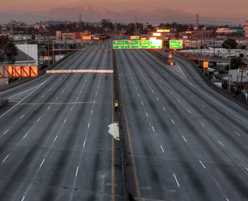 empty stretch of freeway in Los Angeles at dawn