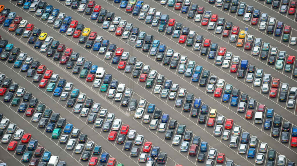 overhead view of packed parking lot