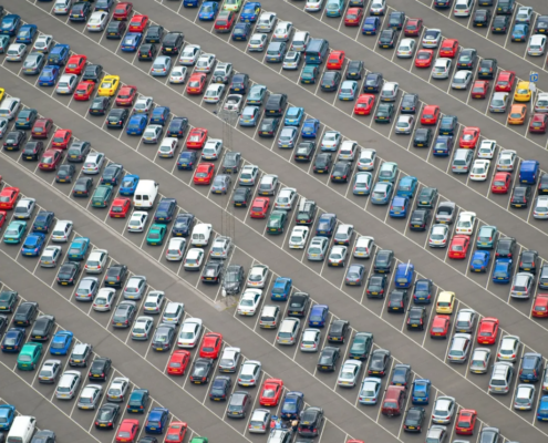 overhead view of packed parking lot