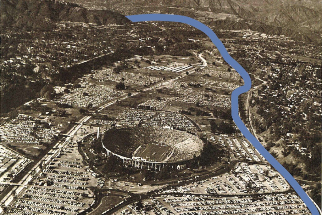 a blue line shows route of proposed 210 freeway passing closer to the Rose Bowl than it was actually built