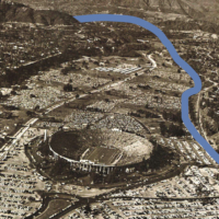 a blue line shows route of proposed 210 freeway passing closer to the Rose Bowl than it was actually built