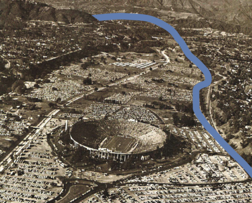 a blue line shows route of proposed 210 freeway passing closer to the Rose Bowl than it was actually built