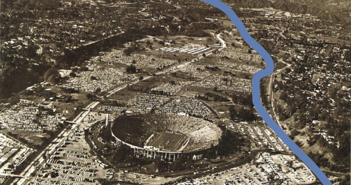 a blue line shows route of proposed 210 freeway passing closer to the Rose Bowl than it was actually built