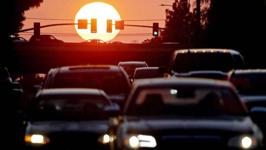 heavy traffic at sunset