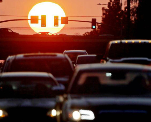 heavy traffic at sunset