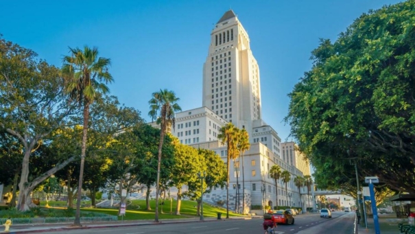 tall white building against blue sky