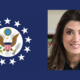 U.S. government seal and head shot of woman