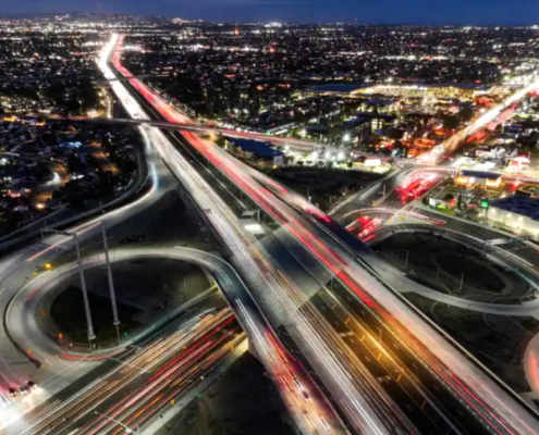 overhead view of freeway interchange at night