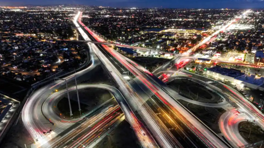 overhead view of freeway interchange at night