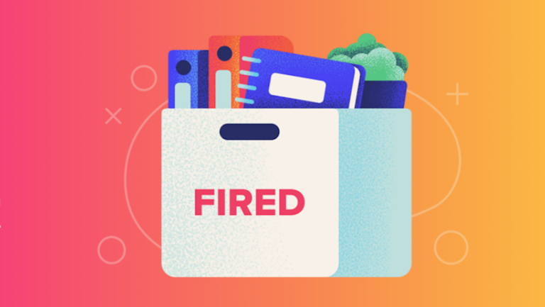 Illustration of box marked "Fired," filled with notebooks
