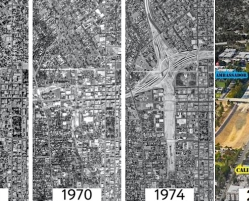 four aerial views of land from 1965 to 2016 showing demolition of neighborhood