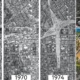 four aerial views of land from 1965 to 2016 showing demolition of neighborhood