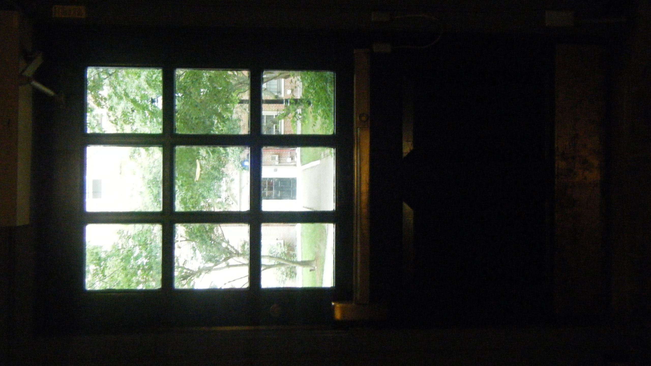 image of nine-pane window with scene outside showing sidewayr