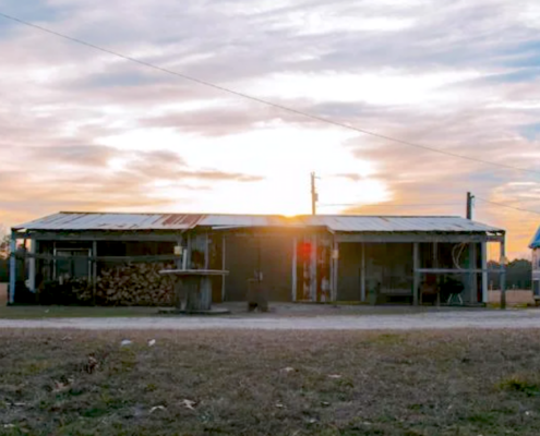 rural building at dusk
