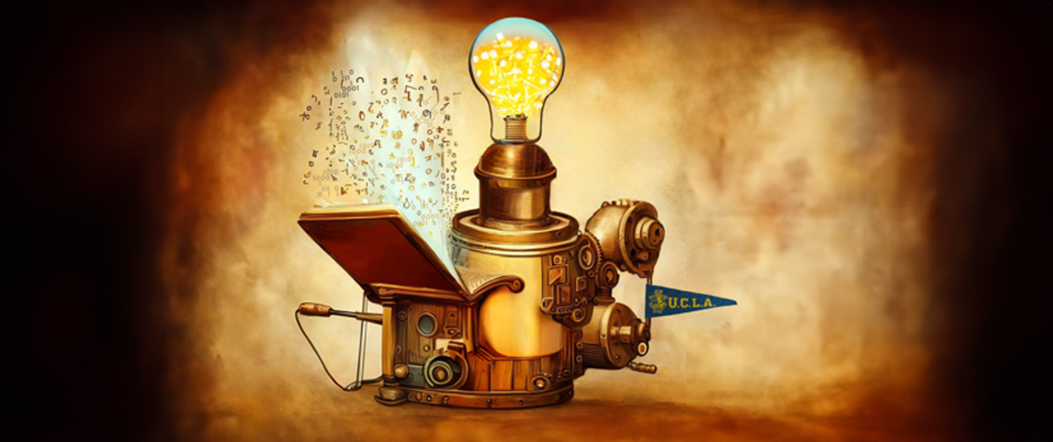 illustration of a fanciful machine in which data flow into a book to power a light bulb representing ideas
