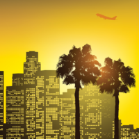 illustration of skyscrapers and palm trees against a yellow background