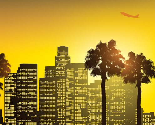 illustration of skyscrapers and palm trees against a yellow background