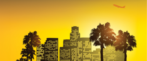 illustration of skyscrapers and palm trees against a yellow background