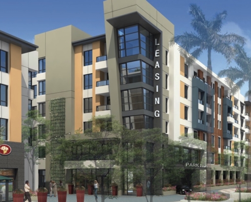 drawing of housing units with "Leasing" sign